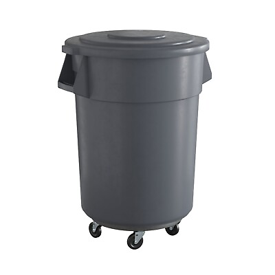 #ad Commercial Round Plastic Trash Can with Lid and Dolly 55 Gallon Gray $239.99