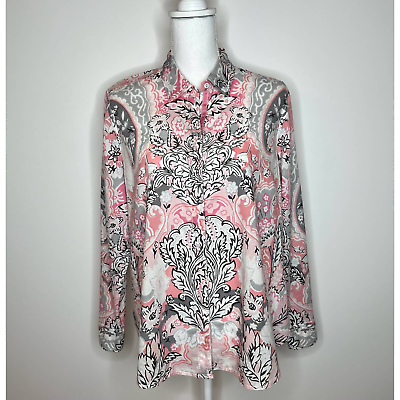 #ad Chicos Pink and Grey Paisley and Floral Button Front Shirt Size 1 US 8 10 $35.00