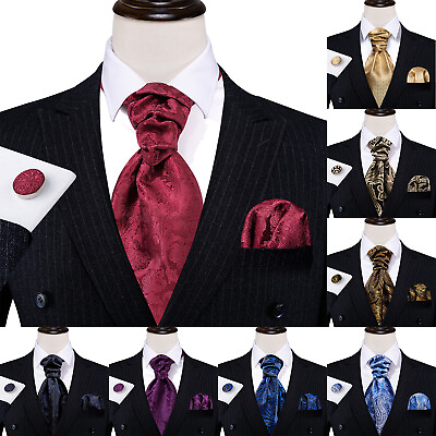 #ad Men Silk Ascot Cravat Set Floral Tie Hanky Cufflinks Party Dinner Set $7.99