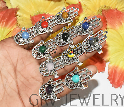 #ad Hamsa Hand Style Mix Gemstone 100pcs Adjustable Rings 925 Silver Plated WHR 41 $171.00