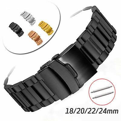 #ad Solid Stainless Steel Bracelet 18 24mm 22mm Metal Watch Band Strap Secure Buckle $15.56