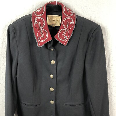 #ad Double D Ranch Jacket Womens Medium Black Wool Red Trim Beaded Military Cut $88.78