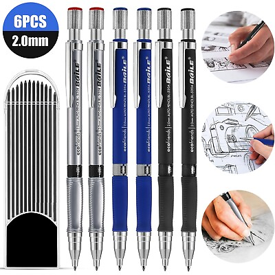 #ad 6PCS Mechanical Clutch Pencils 2.0mm Drafting Sketching Drawing 12 Refills Lead $9.98