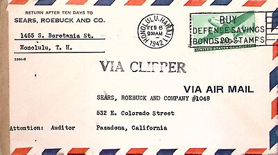 #ad Sears Roebuck Envelope Vintage Honolulu Hawaii Clipper amp; Air Mail 1942 $10.00