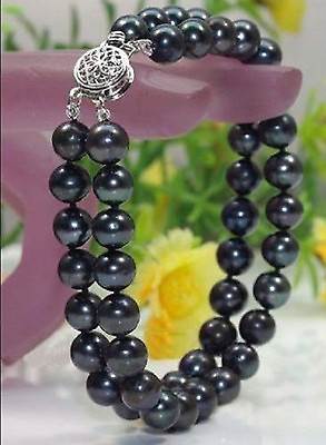 #ad NATURAL 2 ROWS 8 9MM AAA SOUTH SEA BLACK PEARLS BRACELET 7.5quot; $10.78