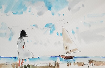 #ad JOSE TRUJILLO Original Watercolor Painting 6X9 Woman Sailboat Beach $289.00