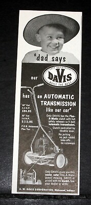 #ad 1952 OLD MAGAZINE PRINT AD DAVIS POWER LAWN MOWER WITH AUTOMATIC TRANSMISSION $12.99