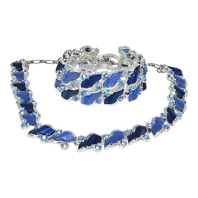 #ad Vintage 1960s Silvertone Blue Thermoset Necklace Bracelet Set $70.00