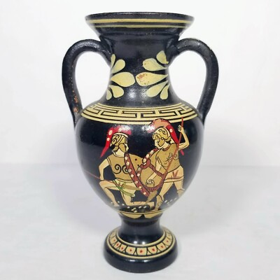 #ad VTG Hand Painted Classic Greek Black Amphora Pottery Vase Urn Vessel Trojans 7quot; $128.00