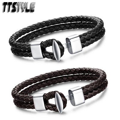#ad TTstyle Black Brown Double Row Leather 316L Stainless Steel Clasp Bracelet AU $24.99