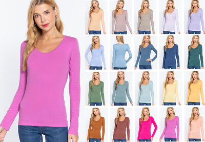 #ad Women#x27;s Basic T Shirt Scoop Neck Cotton Long Sleeve Solid Knit Plain Top Fitted $12.99