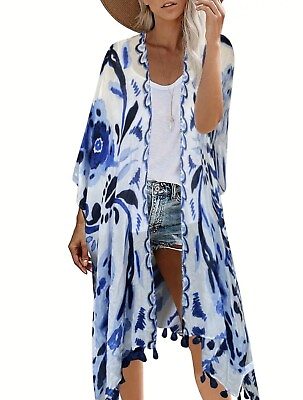 #ad NEW O S Blue amp; White Kimono Wrap Cover Up With Tassels Floaty Boho NWT One Size $46.55
