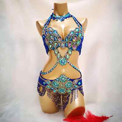 #ad Women Crystal Belly Dance Costume BraBeltNecklace 3pc Set Sexy Bellydance Wear $135.59
