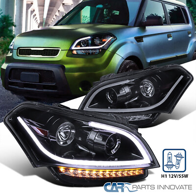 #ad Fits 2010 2011 Kia Soul Glossy Black Projector Headlights LED Strip Signal Lamps $224.95