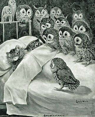 #ad Cat Nightmare of Owls by Louis Wain art painting print $8.09