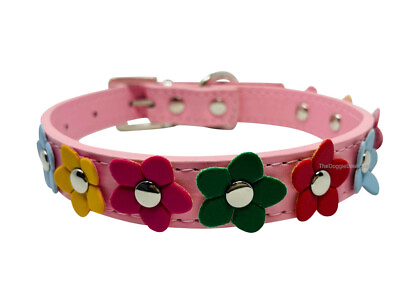 #ad Dog Collar Pink with Flowers Adjustable Faux Leather XS S M L $7.99