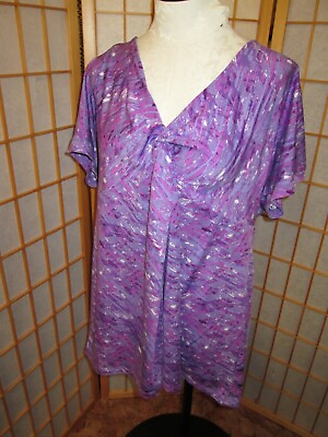 #ad Daisy Fuentes Woman’s PLUS 1X Top purple v neck Gathered tunic babydoll boho $8.99