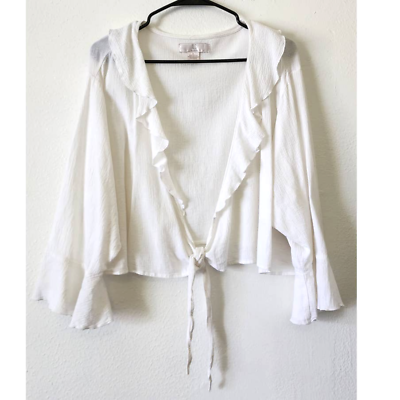 #ad ALC Woman Crinkled Open Front Ruffled Tie Front White Cotton Crop Top 3X $25.00