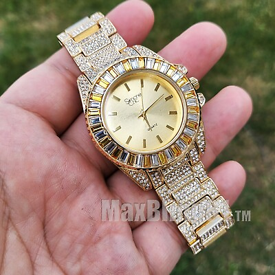 #ad Women#x27;s Hip Hop Iced Gold Plated Yellow Cubic Zirconia Metal Band Luxury Watch $26.99