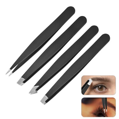 #ad 4pcs Stainless Steel Slant Tip Tweezer Precision Eyebrow Hair Remover Tools $5.69