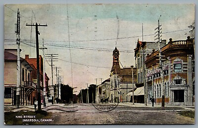 #ad Postcard Ingersoll Ontario c1907 King Street Street View Shops Horse Carriage C $7.60