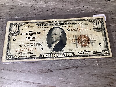 #ad 1929 Ten $10 Dollar National Currency Note $10 Bill Chicago Illinois 3897 A $125.95