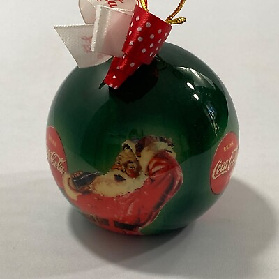 #ad Vintage Coca Cola Ornament Round Green Santa 1994 Christmas Holiday $5.98