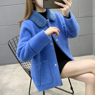 #ad Women Fluffy Faux Fur Lapel Collar Single Breasted Knitted Cardigan Outwear Tops $48.16