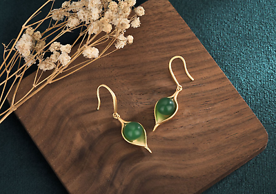 #ad Green Jade Drop Dangle Earrings Minimalist Leaf Gemstone Hook 18K Gold Plated $11.95
