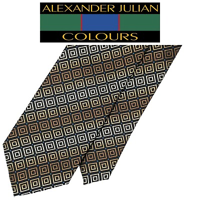 #ad Alexander Julian Black Tie 2 Tone Brown Blue Stripped Squares 100% Polyester $19.99