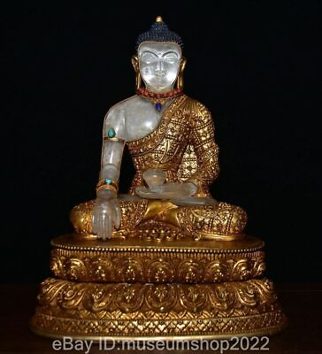 #ad 13.2 quot; Old Chinese Bronze Gilt Crystal Seat Sakyamuni Tathagata Buddha Statue GBP 2400.00