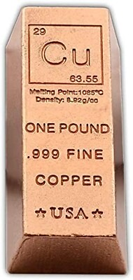 #ad 1 lb Copper Ingot .999 Fine Copper Troy Ounce copper bar Bullion Precious Metal $145.00