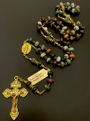 #ad Semi Precious India Agate Stone 23” Rosary Gold Tone Pardon Crucifix w Tag $49.99