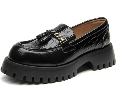 #ad BEAU TODAY Black Chunky Loafers Womens Platform Work Shoes Metal Chain Tassels $79.99