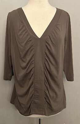 #ad Elena Solano Woman Taupe Top 3 4 Sleeve Women#x27;s 1X V Neck Gathered Front Panel $12.99