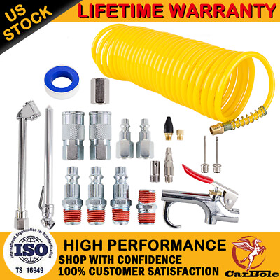 25 ft Recoil Poly Air Compressor Hose Accessories Tool Kit For Various Inflation $23.95