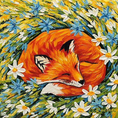 #ad Sleeping Fox Oil Painting Original Fox in Daisies and Grass Artwork Cute Red Fox $200.00