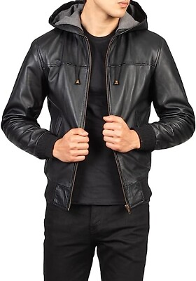 #ad Men#x27;s Black Slim Fit Biker Hooded Real Lambskin Bomber Leather Jacket $101.99
