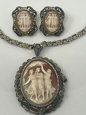 #ad Antique Sterling Cameo Three Graces Demi Parure Pin Pendant Necklace Earrings $359.40