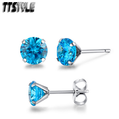 #ad TTStyle Stainless Steel Light Blue Round CZ Stone Stud Earrings 3 6mm NEW AU $5.99