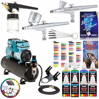 #ad 3 Master Airbrush 1 4hp Twin Piston Air Compressor 6 Color Acrylic Paint Set $299.99