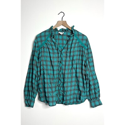 #ad SUNDANCE Highland Heather Top Button Front Shirt Plaid Lace Ruffle Turquoise XS $39.99