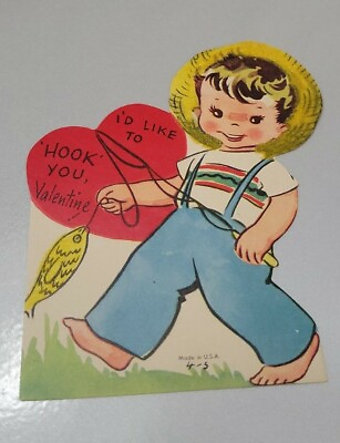 #ad Vintage 1950#x27;s Valentine Card Die Cut Boy With Pole And Fish Flocked Ephemera $12.00