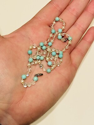 #ad Necklace Genuine Natural Turquoise Rock Crystal Pearl Beaded Sterling Silver 925 $24.92