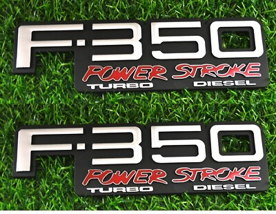 #ad 2pcs 94 98 F250 Powerstroke Turbo Diesel Fender Badges Truck Emblem Chrome Red $28.89