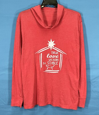#ad TRUE LOVE WAS BORN IN A STABLE Red JERSEY KNIT Christian Christmas HOODED Top L $9.00