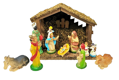 #ad 12Pc Manger Nativity‌‌‌‌ Creche Christmas Holiday Plastic Figurines Jesus $39.99