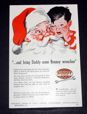#ad 1952 OLD MAGAZINE PRINT AD BRING DADDY BONNEY WRENCHES FOR CHRISTMAS SANTA $12.99