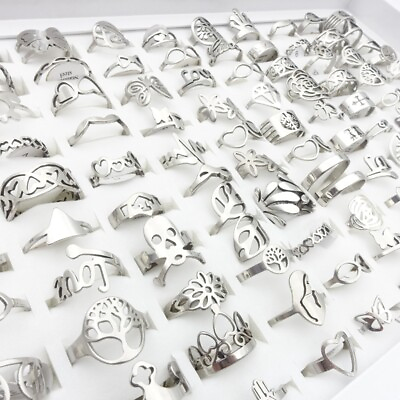 #ad Wholesale 50pcs Stainless Steel Rings Laser Cut Patterns Fashion Jewelry Silver $15.29