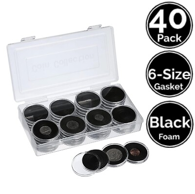 #ad 40 Pack 46 mm Coin Capsules w 6 20 25 30 35 40.6 46mm Black Gasket 4 US Eagle $14.95